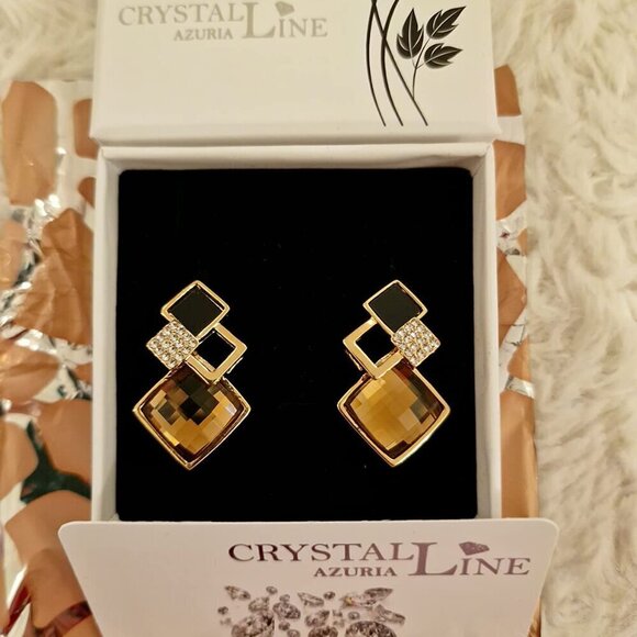 Women's Crystals Brown Simulated Topaz Rhombus Earrings Plated - Picture 1 of 10